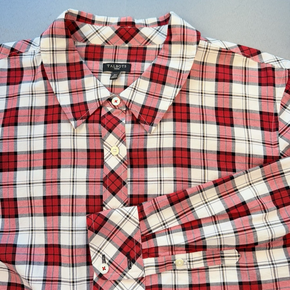 Talbots Women's Flannel Shirt Top Red White Shimmer Plaid Check‎ Holiday 2X